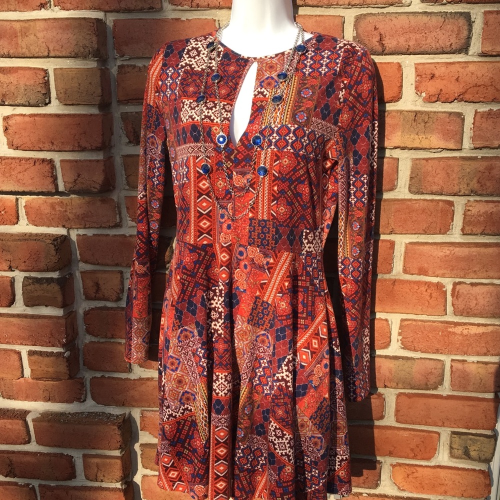 Forever 21 Long Sleeve Patchwork Pattern Dress L - image 3